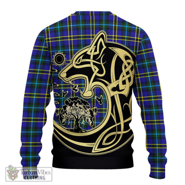 Weir Modern Tartan Knitted Sweater with Family Crest Celtic Wolf Style