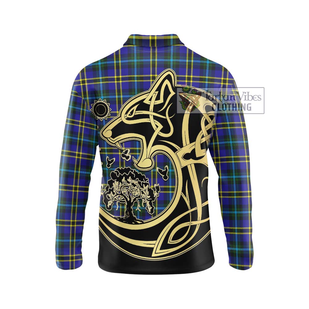 Tartan Vibes Clothing Weir Modern Tartan Long Sleeve Polo Shirt with Family Crest Celtic Wolf Style