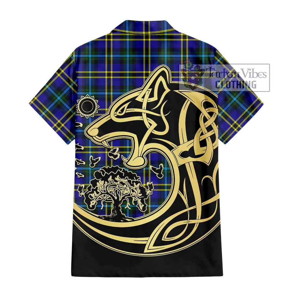 Weir Modern Tartan Short Sleeve Button Shirt with Family Crest Celtic Wolf Style - Tartan Vibes Clothing