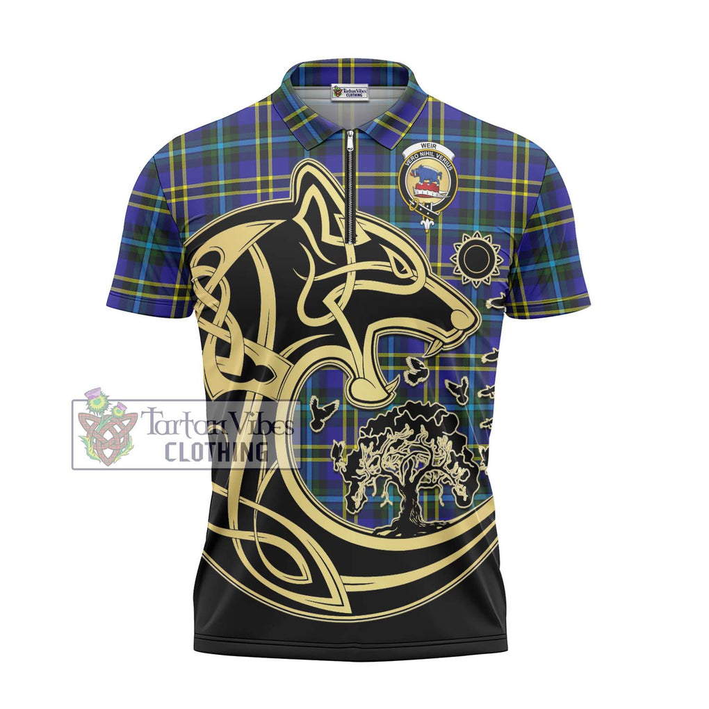 Weir Modern Tartan Zipper Polo Shirt with Family Crest Celtic Wolf Style - Tartanvibesclothing Shop