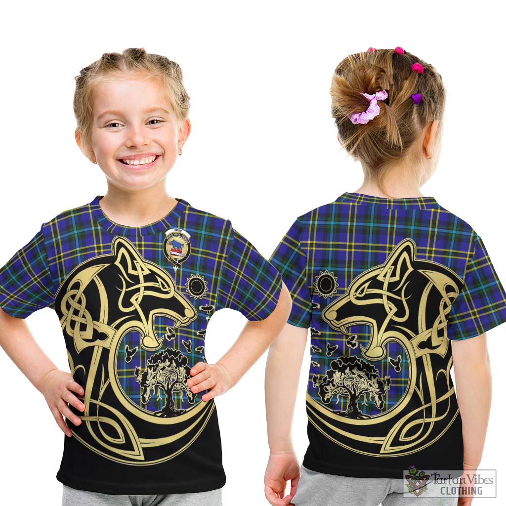 Tartan Vibes Clothing Weir Modern Tartan Kid T-Shirt with Family Crest Celtic Wolf Style