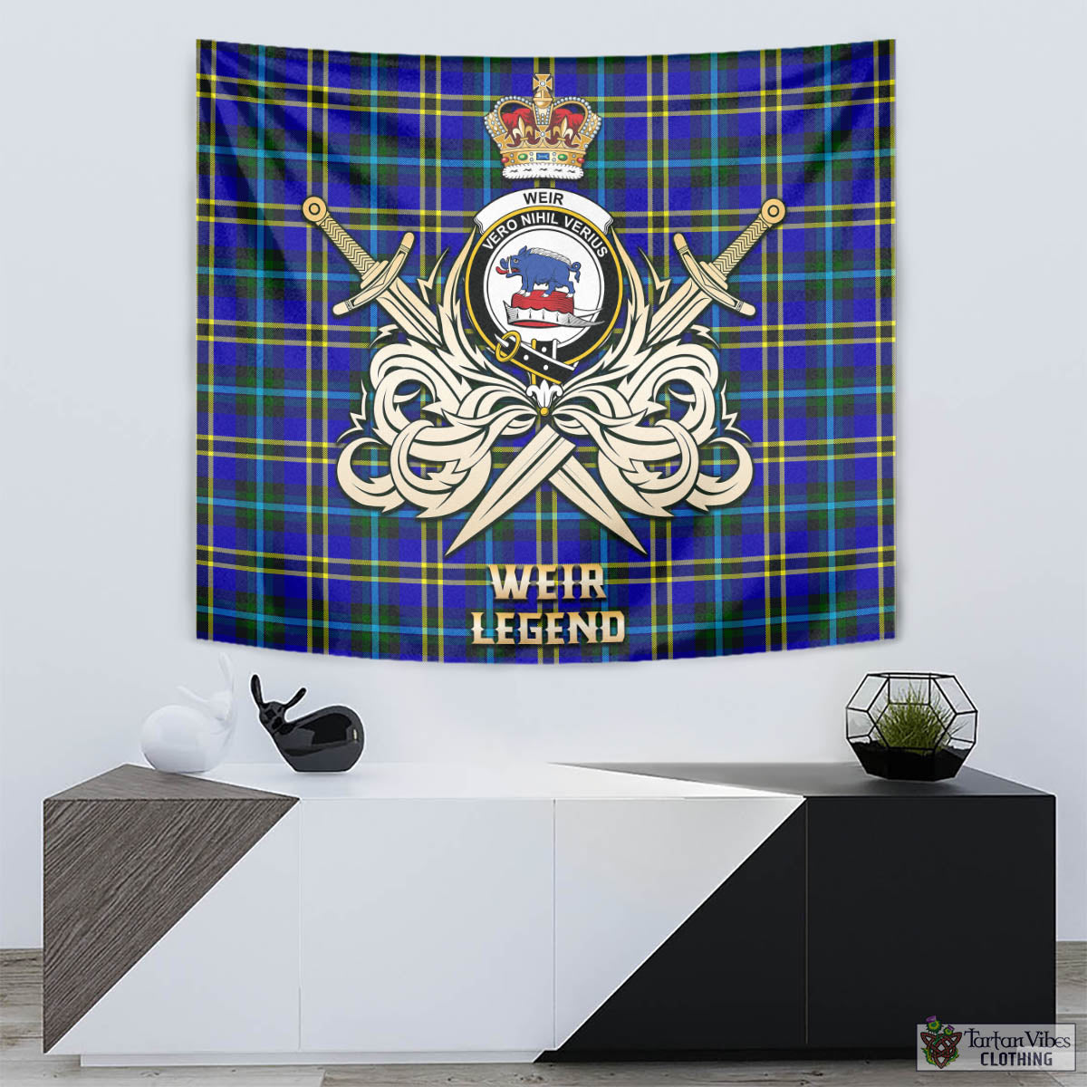 Tartan Vibes Clothing Weir Modern Tartan Tapestry with Clan Crest and the Golden Sword of Courageous Legacy