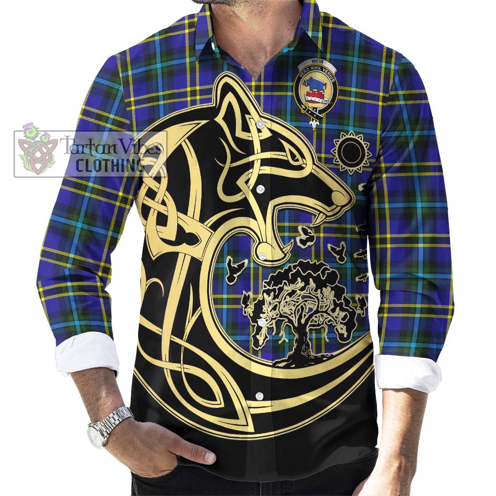 Tartan Vibes Clothing Weir Modern Tartan Long Sleeve Button Shirt with Family Crest Celtic Wolf Style