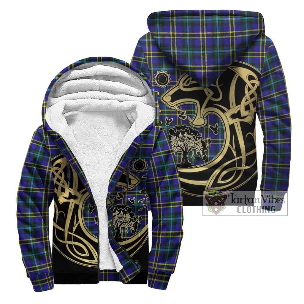 Tartan Vibes Clothing Weir Modern Tartan Sherpa Hoodie with Family Crest Celtic Wolf Style