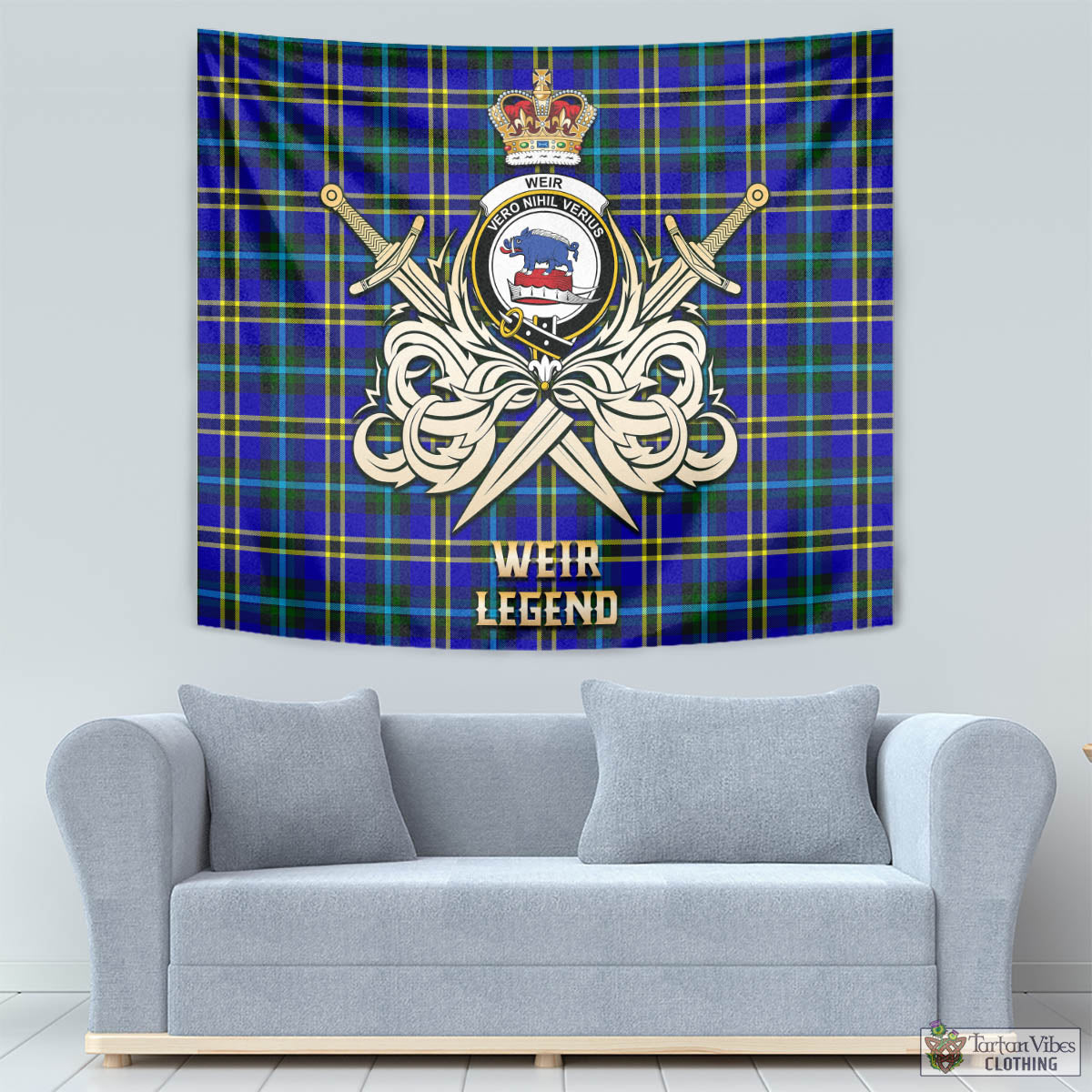 Tartan Vibes Clothing Weir Modern Tartan Tapestry with Clan Crest and the Golden Sword of Courageous Legacy