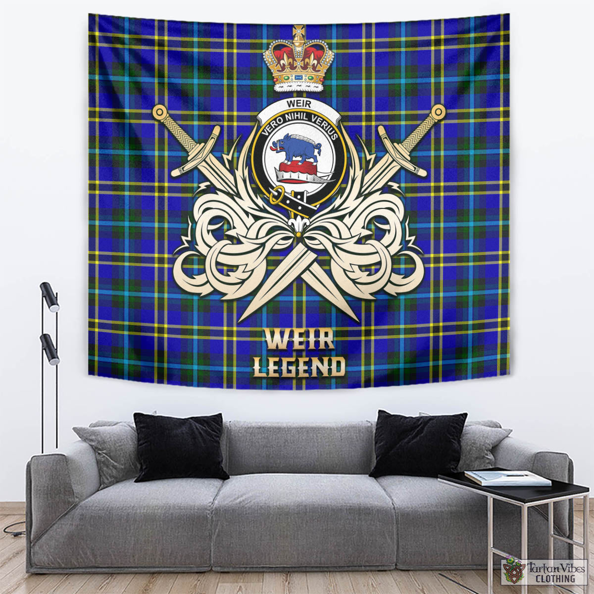 Tartan Vibes Clothing Weir Modern Tartan Tapestry with Clan Crest and the Golden Sword of Courageous Legacy