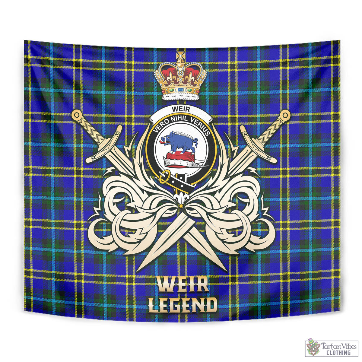 Tartan Vibes Clothing Weir Modern Tartan Tapestry with Clan Crest and the Golden Sword of Courageous Legacy