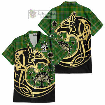 Wellesley Irish Tartan Short Sleeve Button Shirt with Coat of Arms Celtic Wolf Style