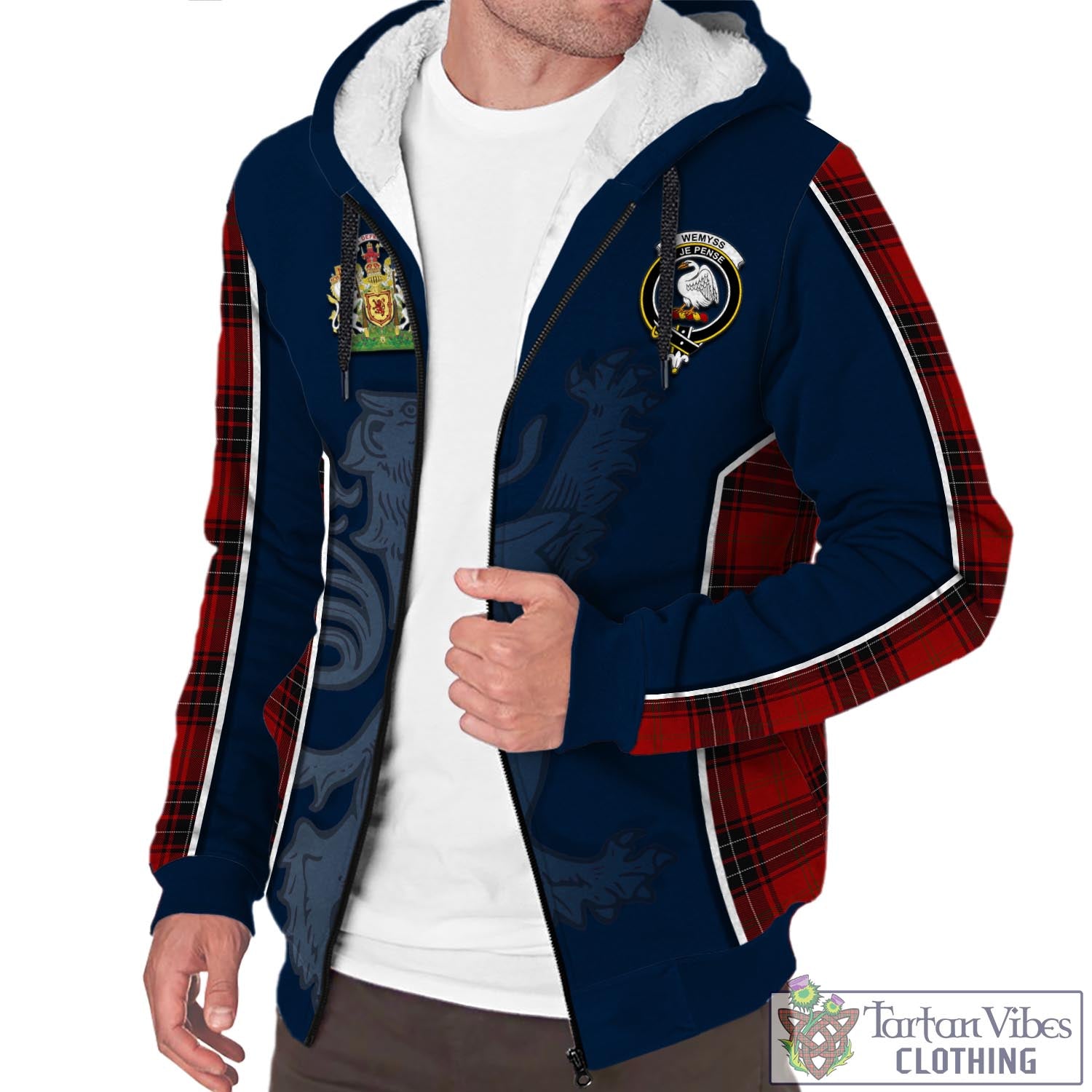 Tartan Vibes Clothing Wemyss Tartan Sherpa Hoodie with Family Crest and Lion Rampant Vibes Sport Style