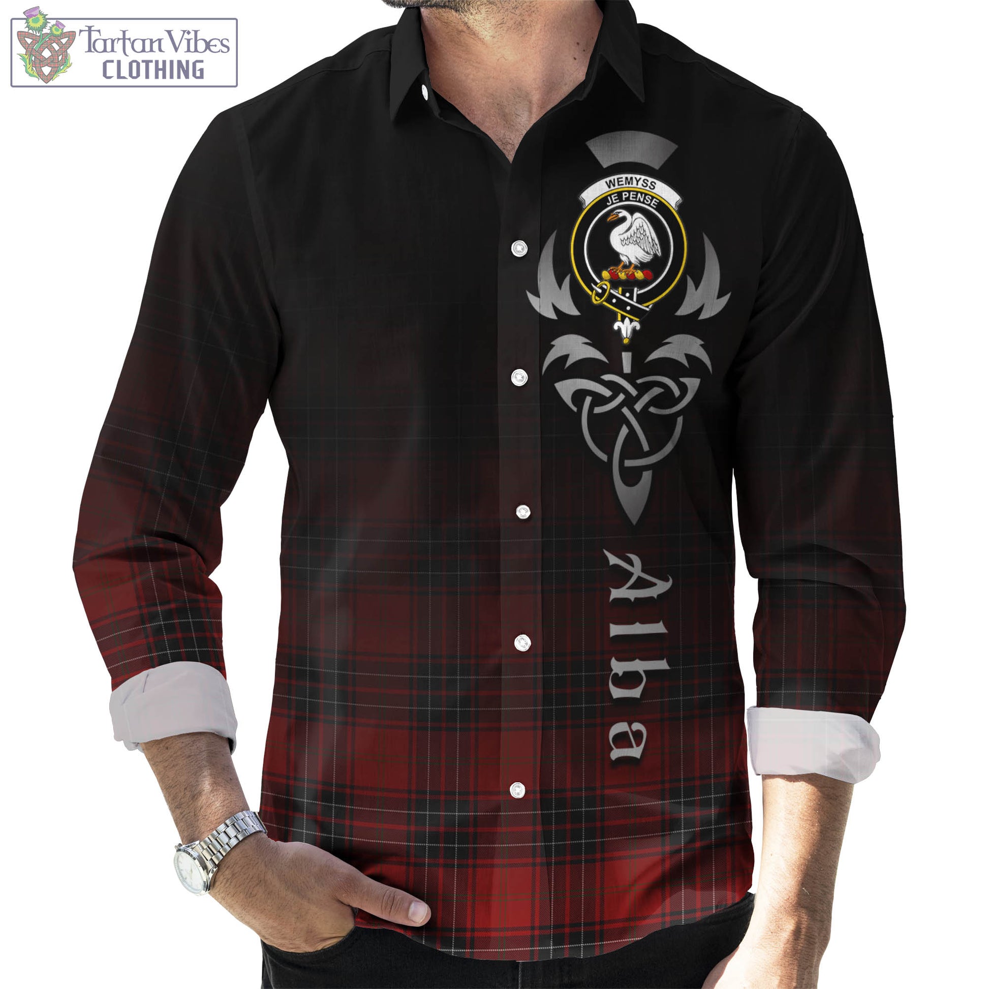 Tartan Vibes Clothing Wemyss Tartan Long Sleeve Button Up Featuring Alba Gu Brath Family Crest Celtic Inspired