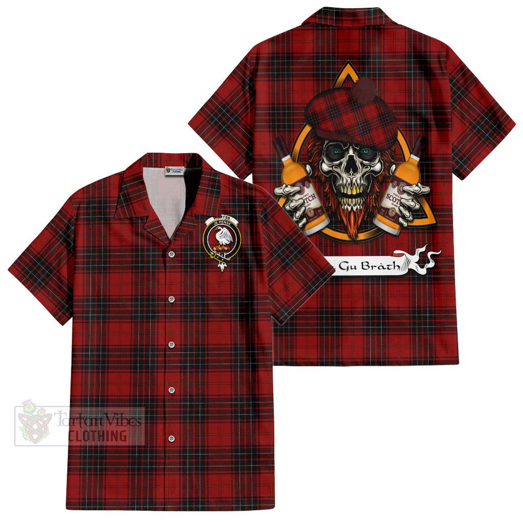 Tartan Vibes Clothing Wemyss Tartan Short Sleeve Button Shirt with Family Crest and Bearded Skull Holding Bottles of Whiskey