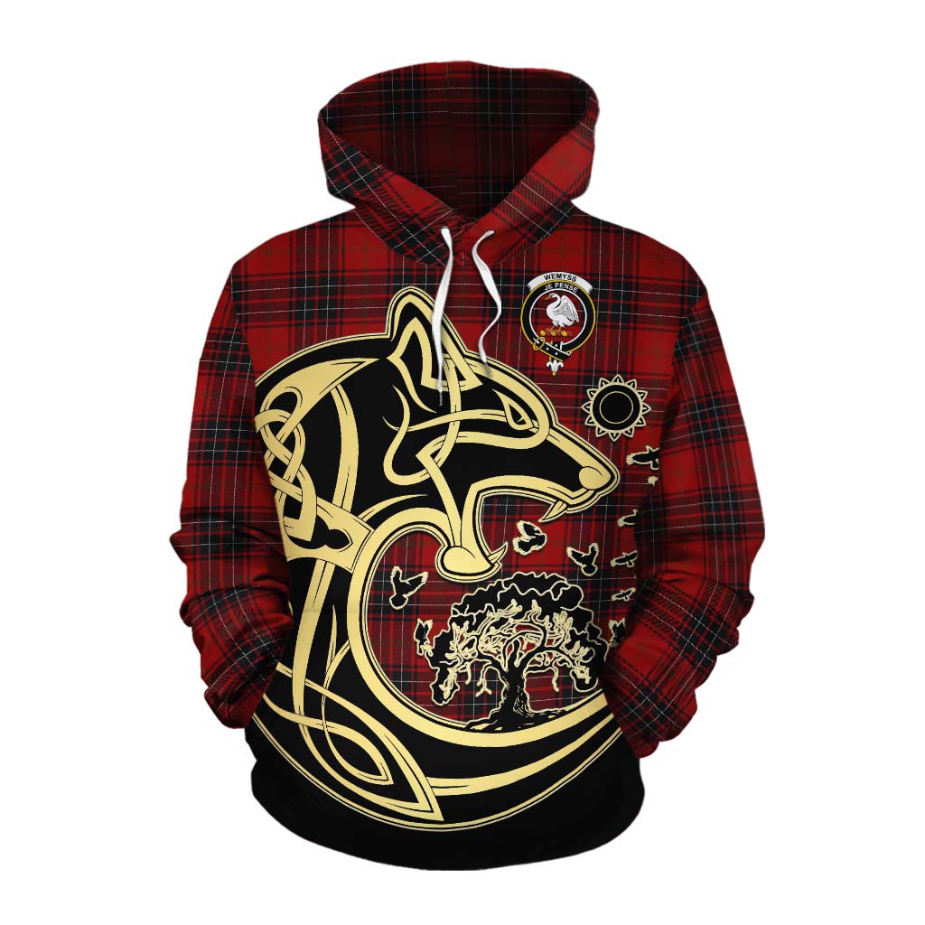 Tartan Vibes Clothing Wemyss Tartan Cotton Hoodie with Family Crest Celtic Wolf Style