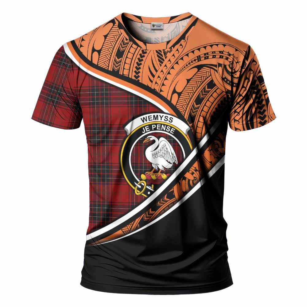 Tartan Vibes Clothing Wemyss Crest Tartan T-Shirt with Maori Tattoo Style - Orange Version