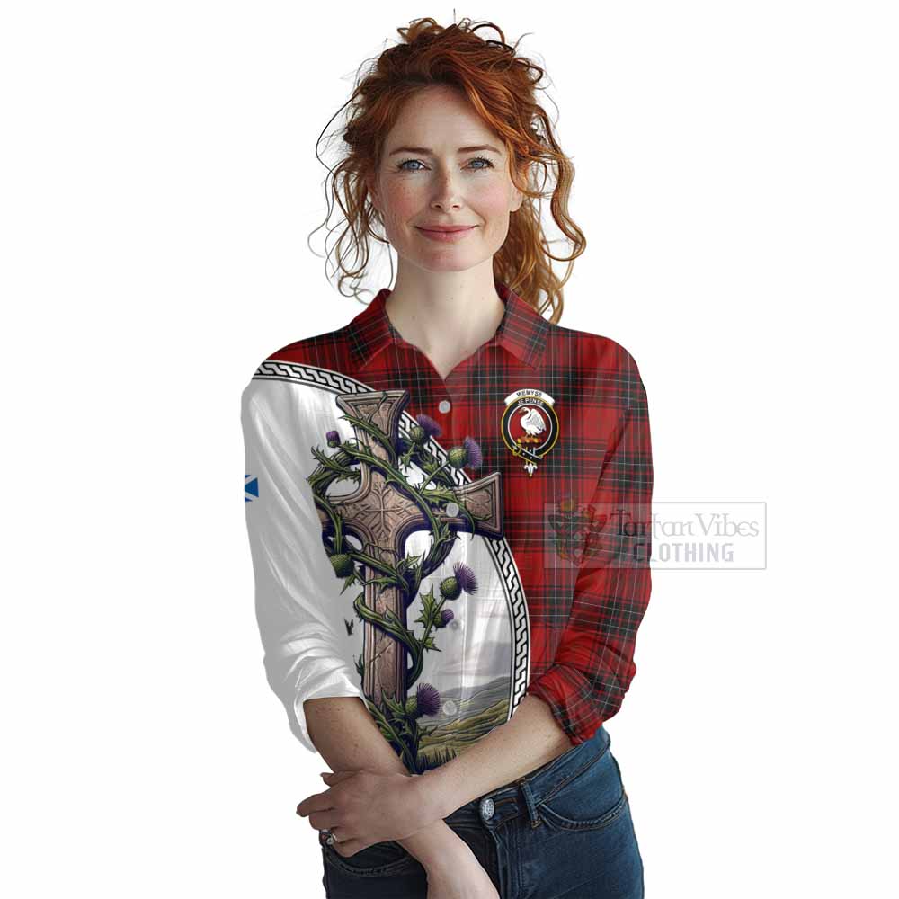 Tartan Vibes Clothing Wemyss Tartan Women's Casual Shirt with Family Crest and St. Andrew's Cross Accented by Thistle Vines