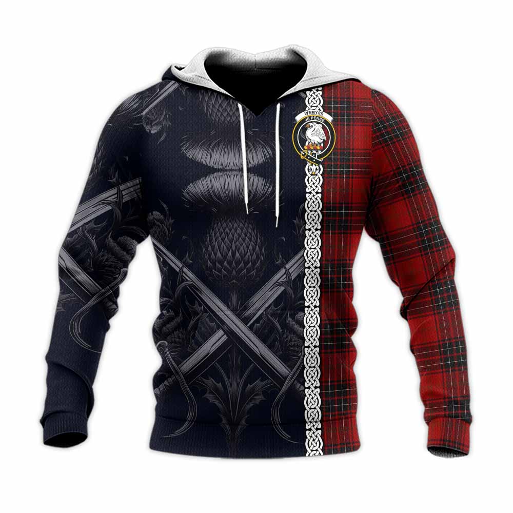 Tartan Vibes Clothing Wemyss Tartan Knitted Hoodie with Family Crest Cross Sword Thistle Celtic Vibes