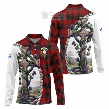 Wemyss Tartan Long Sleeve Polo Shirt with Family Crest and St. Andrew's Cross Accented by Thistle Vines Unisex - Tartan Vibes Clothing