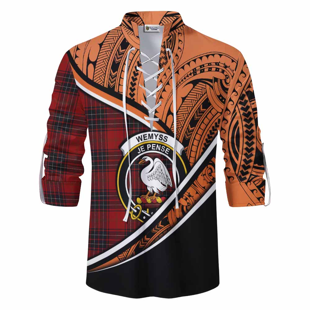 Tartan Vibes Clothing Wemyss Crest Tartan Ghillie Kilt Shirt with Maori Tattoo Style - Orange Version