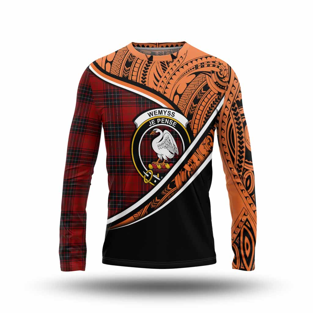 Tartan Vibes Clothing Wemyss Crest Tartan Long Sleeve T-Shirt with Maori Tattoo Style - Orange Version