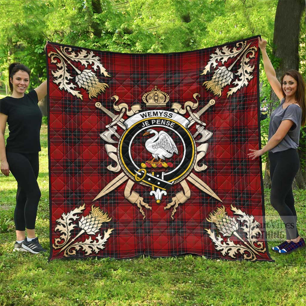 Tartan Vibes Clothing Wemyss Tartan Quilt with Family Crest and Scottish Golden Courage Shield