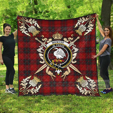 Wemyss Tartan Quilt with Family Crest and Scottish Golden Courage Shield