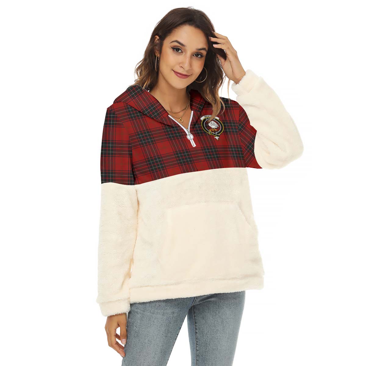 wemyss-tartan-womens-borg-fleece-hoodie-with-half-zip-with-family-crest