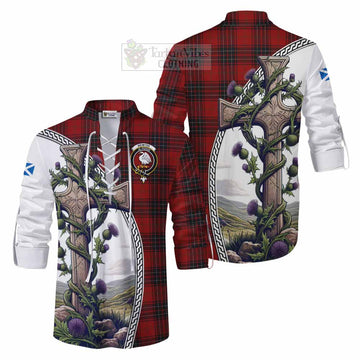 Wemyss Tartan Ghillie Kilt Shirt with Family Crest and St. Andrew's Cross Accented by Thistle Vines