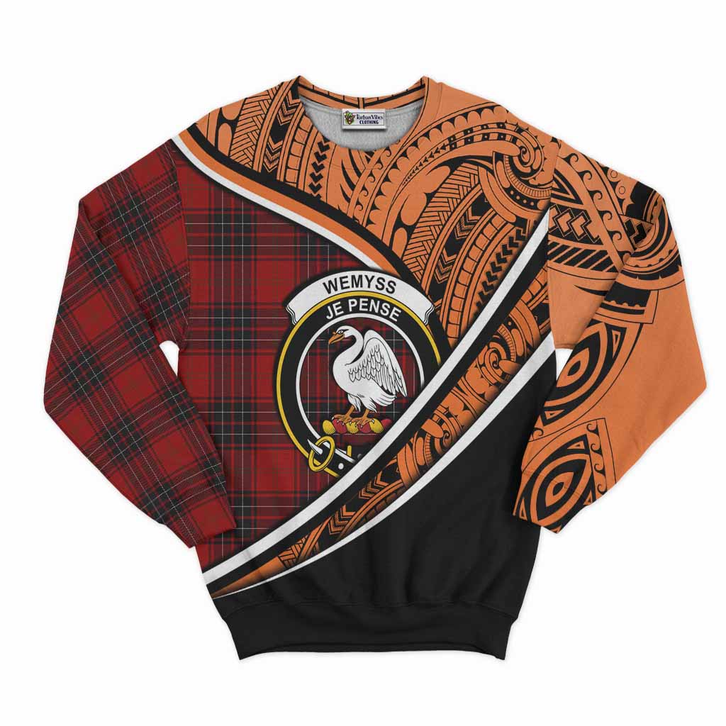 Tartan Vibes Clothing Wemyss Crest Tartan Sweatshirt with Maori Tattoo Style - Orange Version