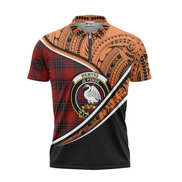 Wemyss Crest Tartan Zipper Polo Shirt with Polynesian Vibes Style - Orange Version