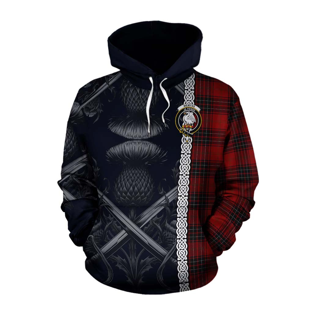 Tartan Vibes Clothing Wemyss Tartan Cotton Hoodie with Family Crest Cross Sword Thistle Celtic Vibes