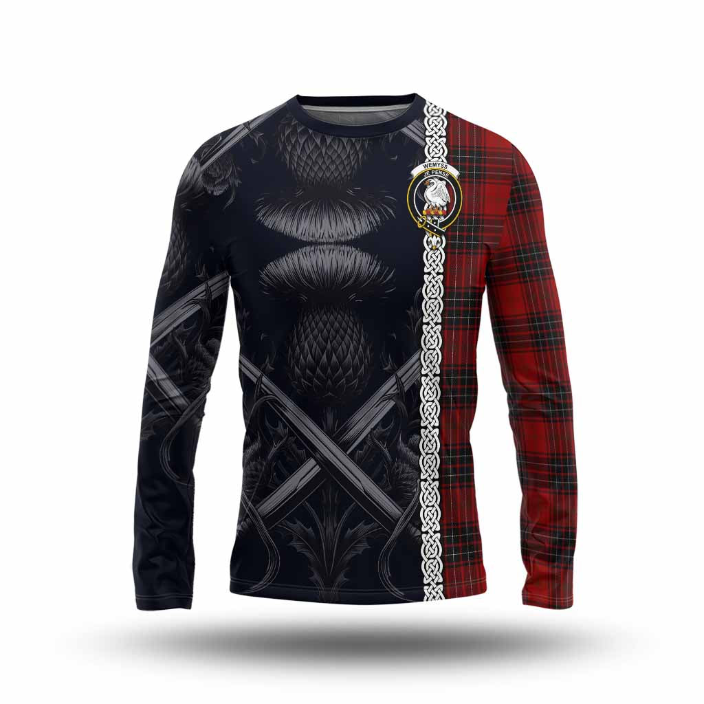 Tartan Vibes Clothing Wemyss Tartan Long Sleeve T-Shirt with Family Crest Cross Sword Thistle Celtic Vibes