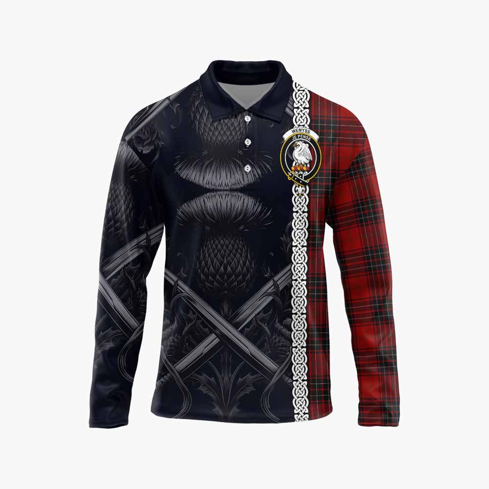 Tartan Vibes Clothing Wemyss Tartan Long Sleeve Polo Shirt with Family Crest Cross Sword Thistle Celtic Vibes