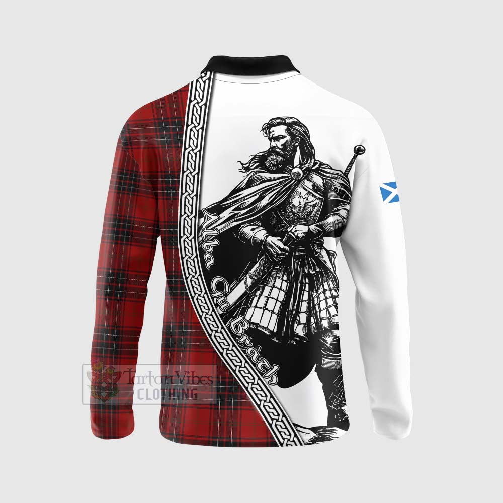 Wemyss Tartan Clan Crest Long Sleeve Polo Shirt with Highlander Warrior Celtic Style - Tartan Vibes Clothing
