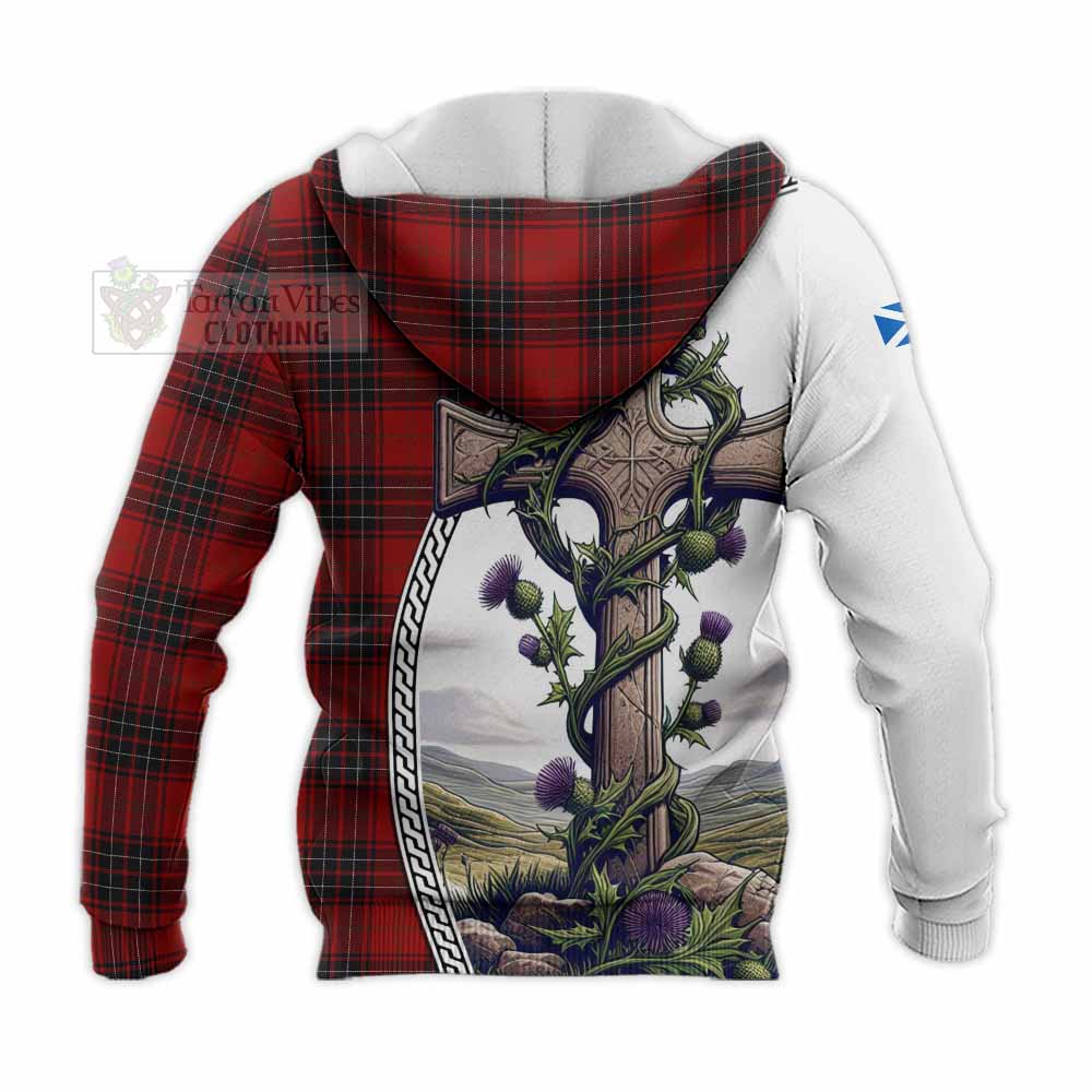 Tartan Vibes Clothing Wemyss Tartan Knitted Hoodie with Family Crest and St. Andrew's Cross Accented by Thistle Vines