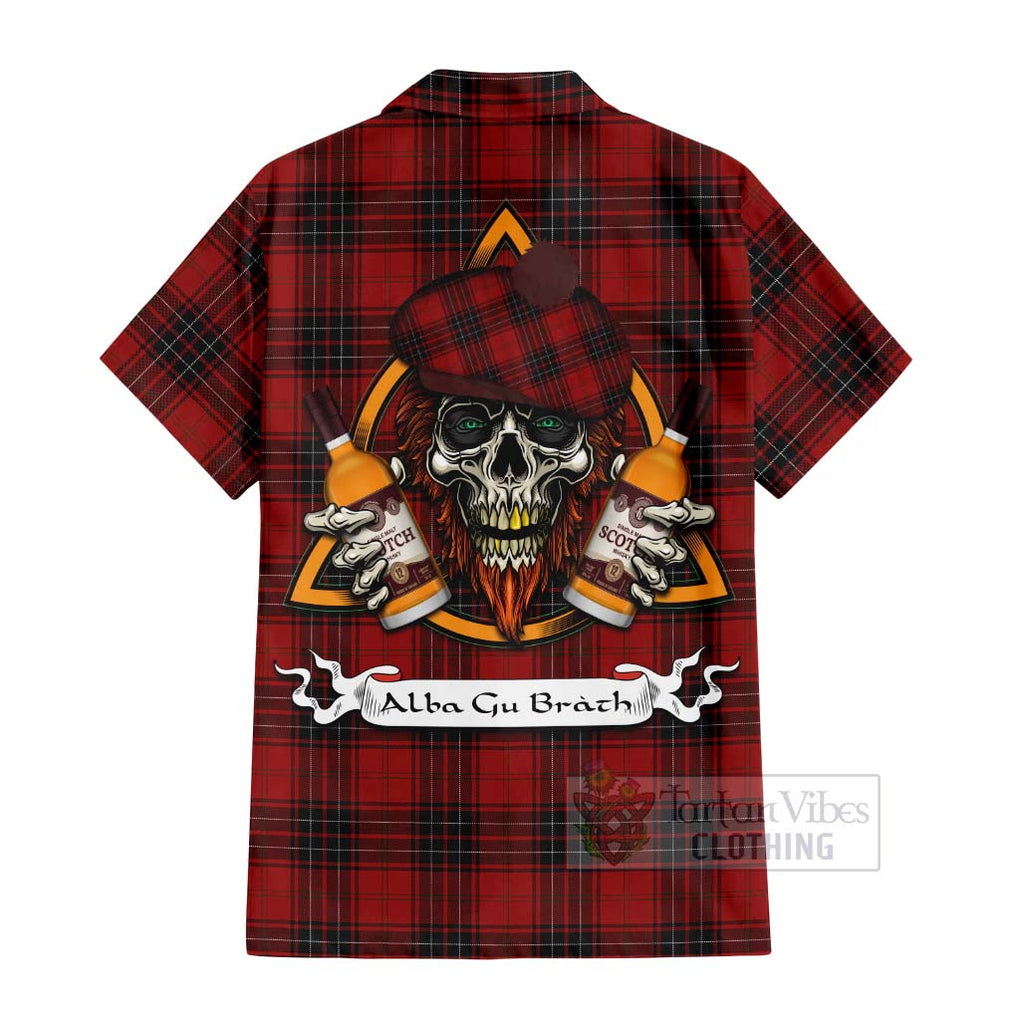 Tartan Vibes Clothing Wemyss Tartan Short Sleeve Button Shirt with Family Crest and Bearded Skull Holding Bottles of Whiskey