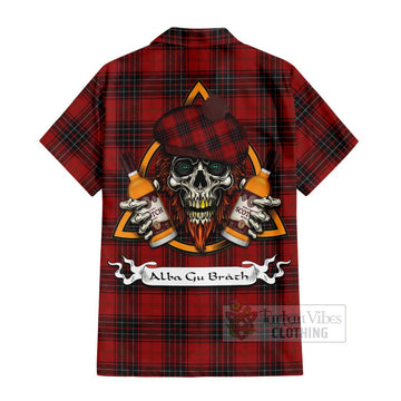 Wemyss Tartan Short Sleeve Button Shirt with Family Crest and Bearded Skull Holding Bottles of Whiskey