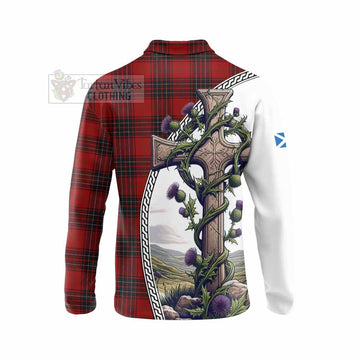 Wemyss Tartan Long Sleeve Polo Shirt with Family Crest and St. Andrew's Cross Accented by Thistle Vines - Tartan Vibes Clothing