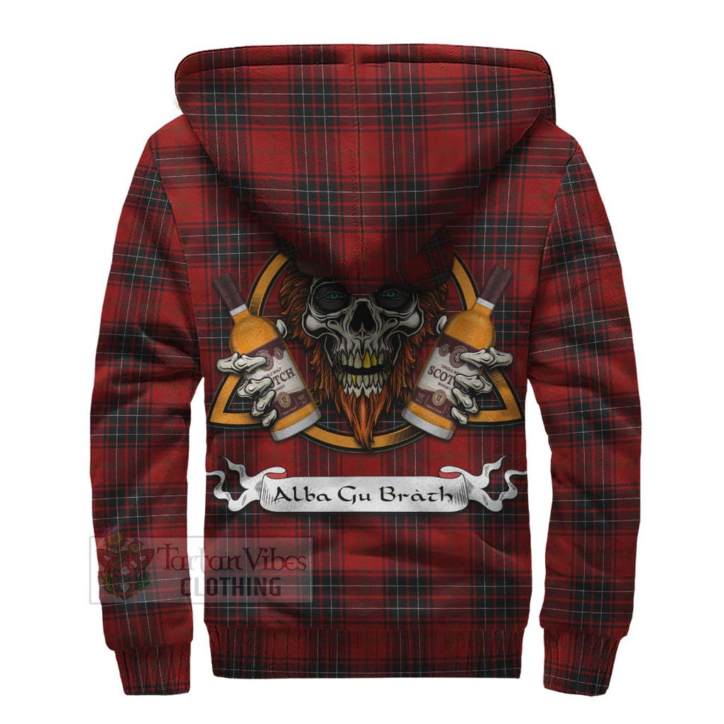 Tartan Vibes Clothing Wemyss Tartan Sherpa Hoodie with Family Crest and Bearded Skull Holding Bottles of Whiskey