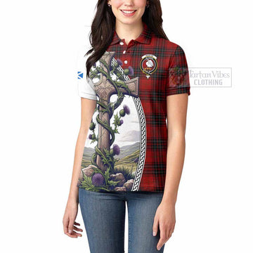 Wemyss Tartan Women's Polo Shirt with Family Crest and St. Andrew's Cross Accented by Thistle Vines