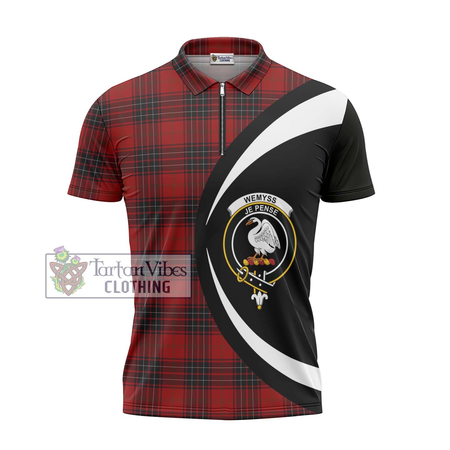 Wemyss Tartan Zipper Polo Shirt with Family Crest Circle Style - Tartan Vibes Clothing