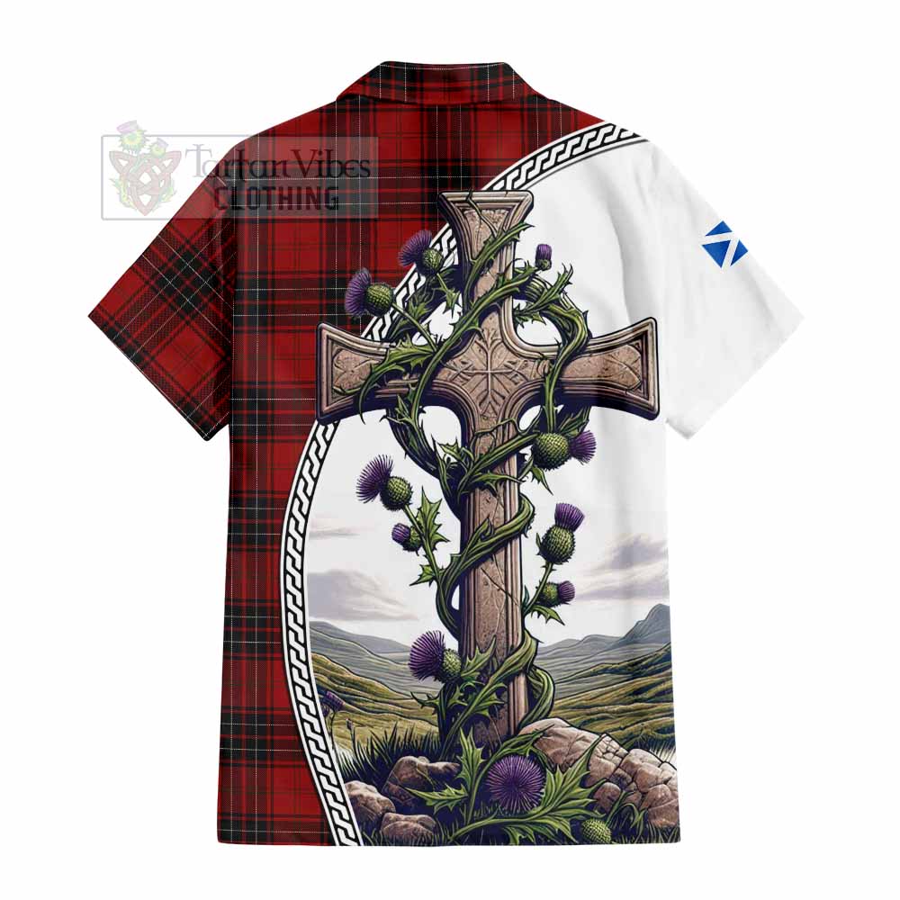 Tartan Vibes Clothing Wemyss Tartan Short Sleeve Button Shirt with Family Crest and St. Andrew's Cross Accented by Thistle Vines