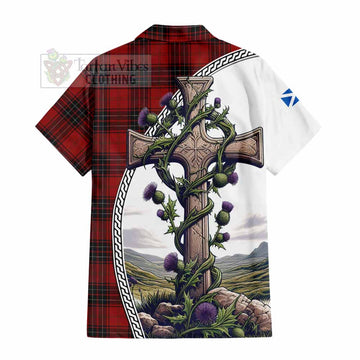 Wemyss Tartan Short Sleeve Button Shirt with Family Crest and St. Andrew's Cross Accented by Thistle Vines