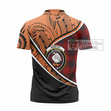 Wemyss Crest Tartan Zipper Polo Shirt with Polynesian Vibes Style - Orange Version