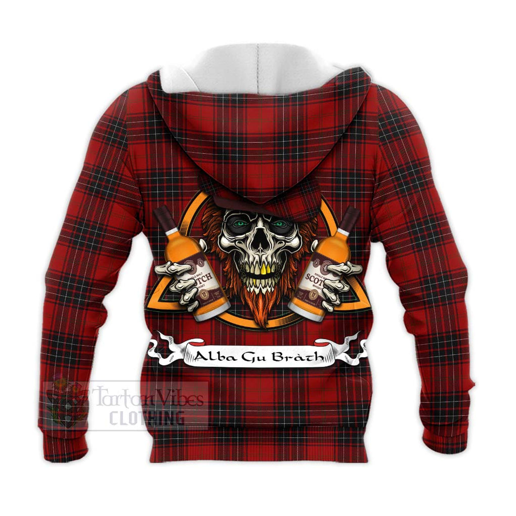 Tartan Vibes Clothing Wemyss Tartan Knitted Hoodie with Family Crest and Bearded Skull Holding Bottles of Whiskey