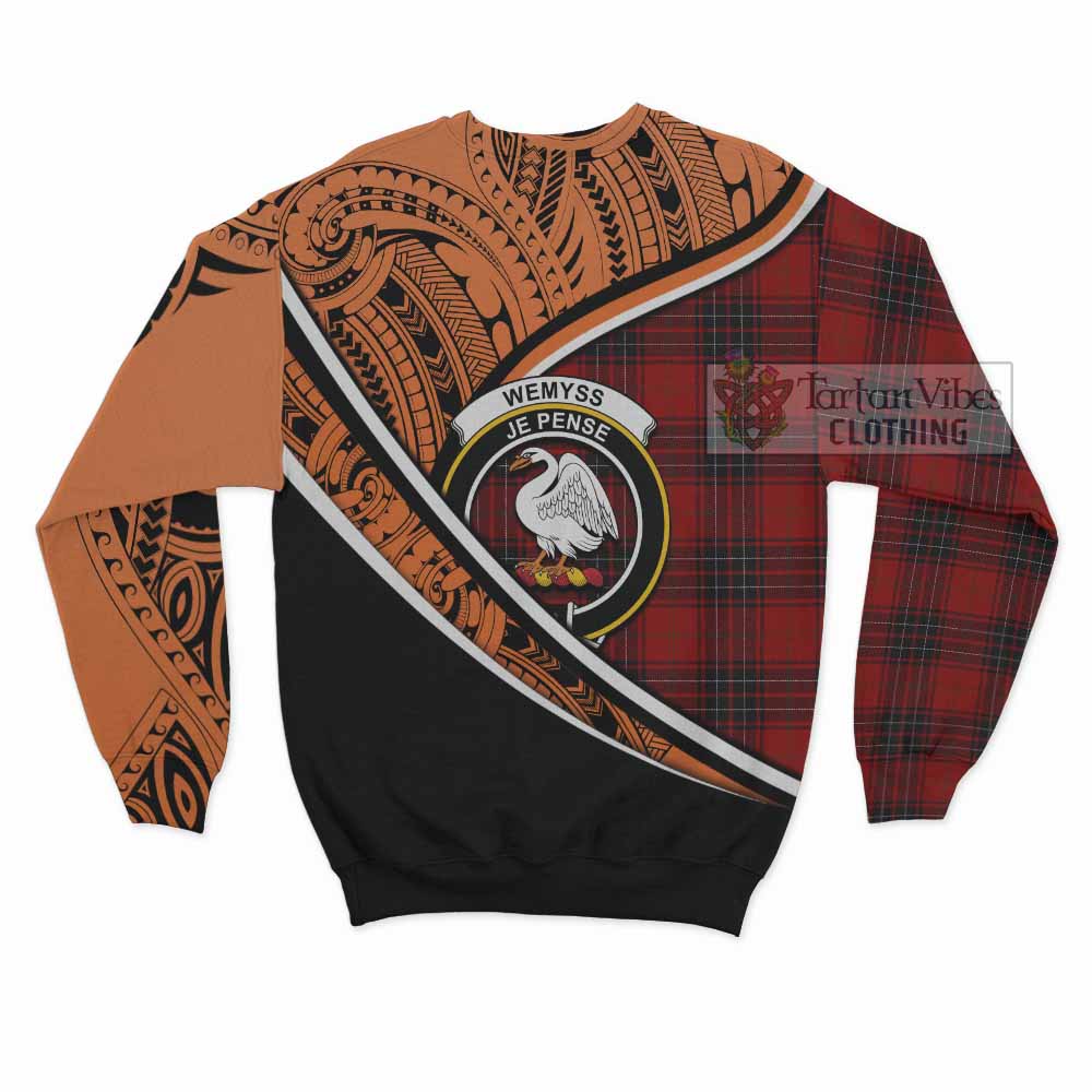 Tartan Vibes Clothing Wemyss Crest Tartan Sweatshirt with Maori Tattoo Style - Orange Version