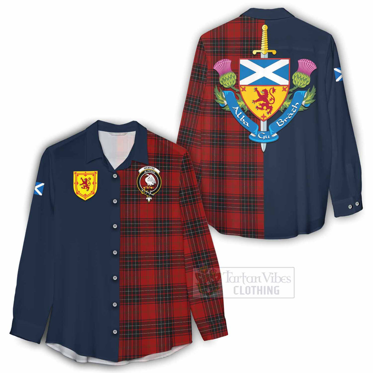 Wemyss Tartan Women's Casual Shirt Alba with Scottish Lion Royal Arm Half Style - Tartan Vibes Clothing
