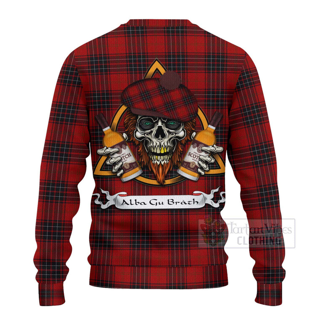 Tartan Vibes Clothing Wemyss Tartan Knitted Sweater with Family Crest and Bearded Skull Holding Bottles of Whiskey