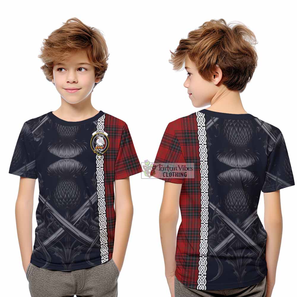 Tartan Vibes Clothing Wemyss Tartan Kid T-Shirt with Family Crest Cross Sword Thistle Celtic Vibes