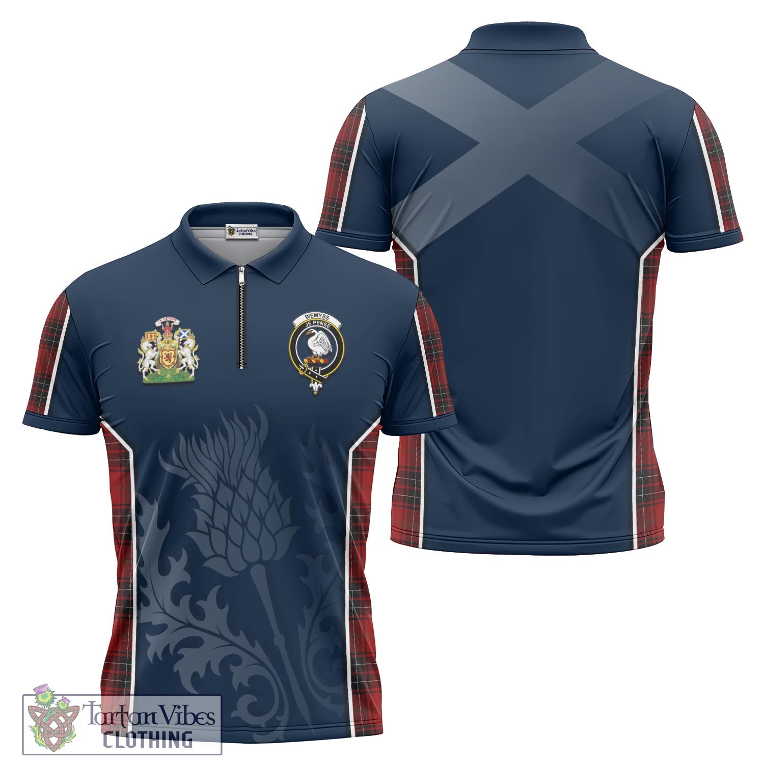 Tartan Vibes Clothing Wemyss Tartan Zipper Polo Shirt with Family Crest and Scottish Thistle Vibes Sport Style