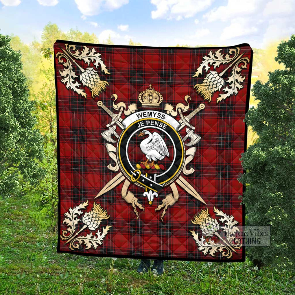 Tartan Vibes Clothing Wemyss Tartan Quilt with Family Crest and Scottish Golden Courage Shield