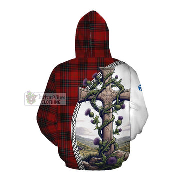 Wemyss Tartan Cotton Hoodie with Family Crest and St. Andrew's Cross Accented by Thistle Vines Pullover Hoodie - Tartan Vibes Clothing
